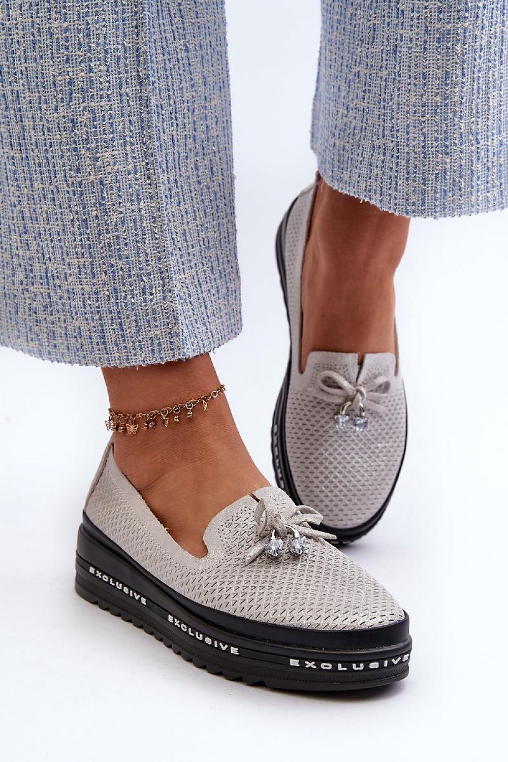 Close-up view of S.Barski Women's Platform Loafers, highlighting the luxurious genuine leather and fashionable platform height of 3.5 cm.