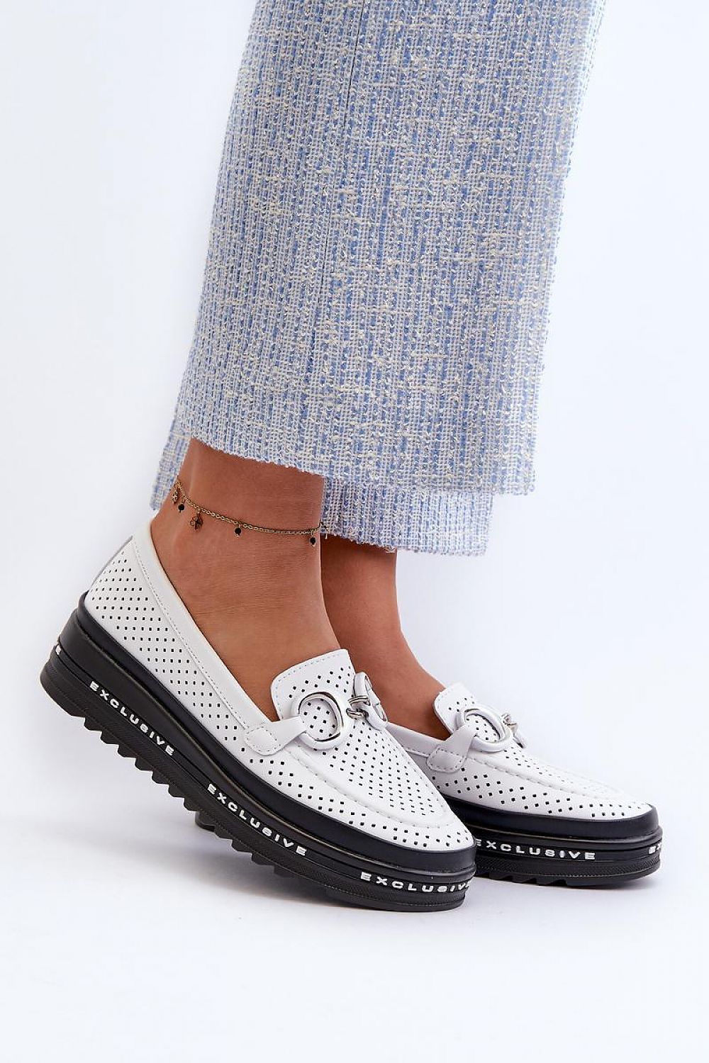 S.Barski women's natural leather lace loafers displayed on a platform, highlighting the stylish design and versatility for various outfits.