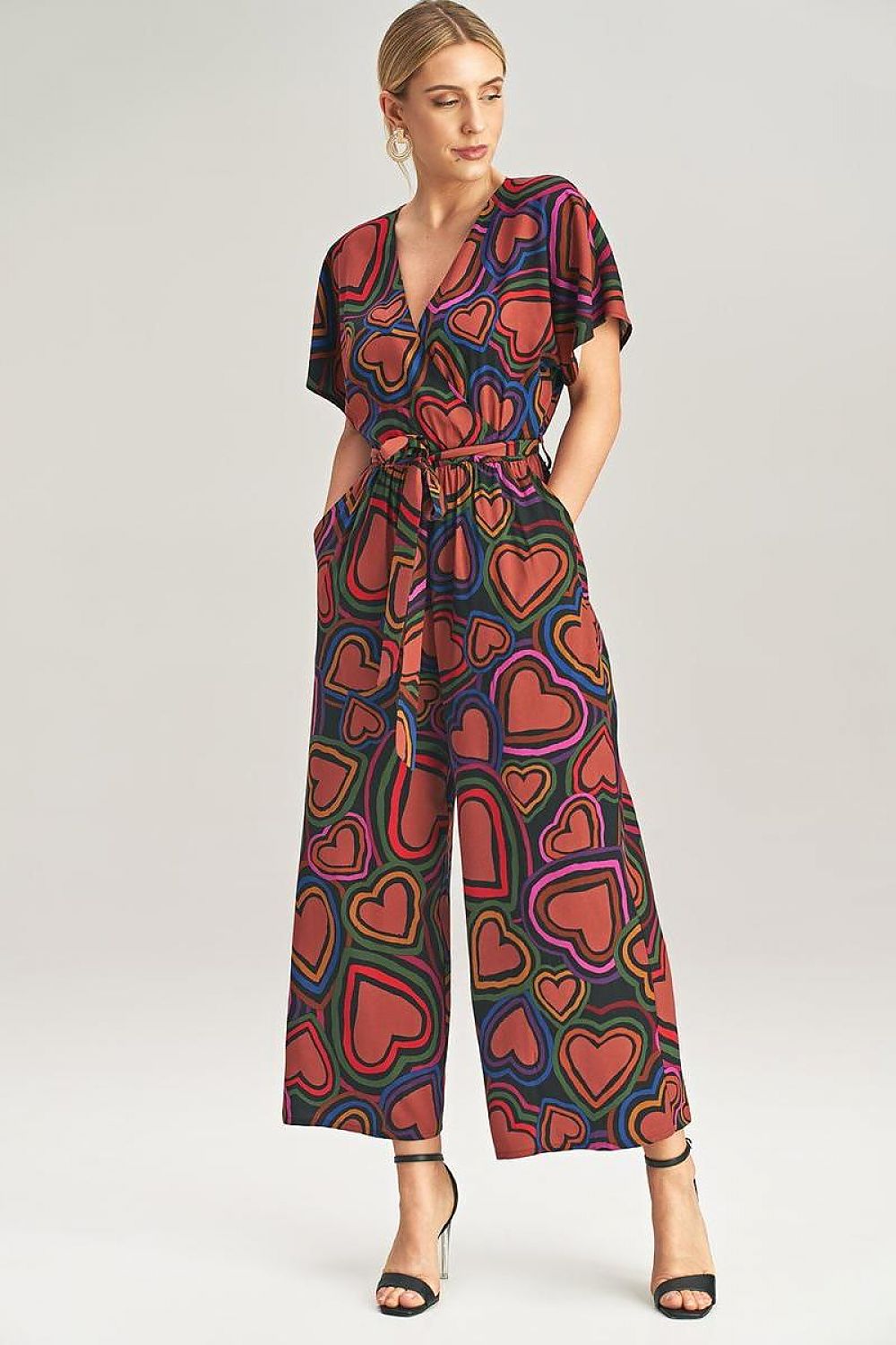 Figl luxury loose jumpsuit featuring kimono sleeves and a tie waist, elegantly designed with 7/8 wide leg, crafted from premium viscose fabric.
