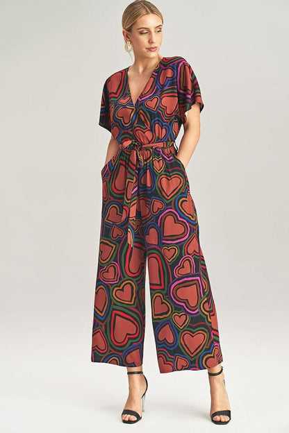 Figl luxury loose jumpsuit featuring kimono sleeves and a tie waist, elegantly designed with 7/8 wide leg, crafted from premium viscose fabric.