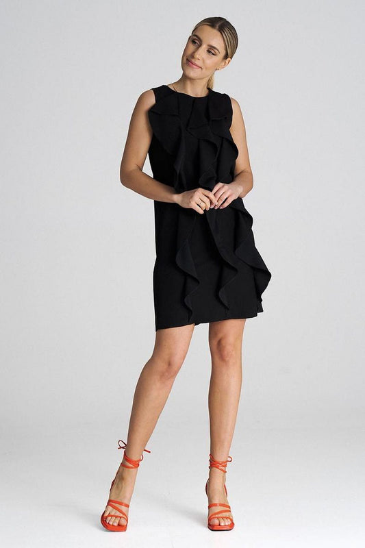 Elegant sleeveless trapeze cocktail dress by Figl featuring decorative ruffles, perfect for special occasions.