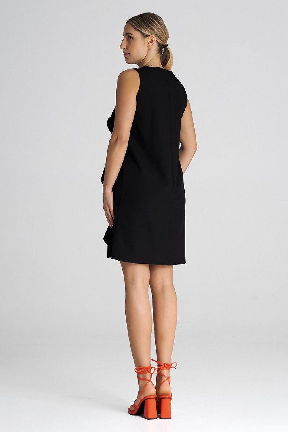 Back view of the stylish sleeveless trapeze cocktail dress by Figl with concealed zipper detailing.