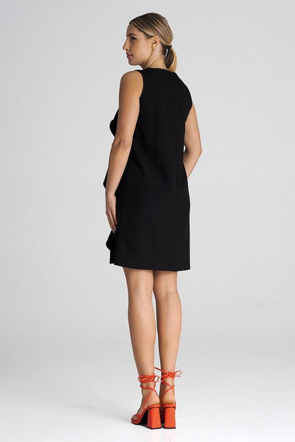Back view of the stylish sleeveless trapeze cocktail dress by Figl with concealed zipper detailing.