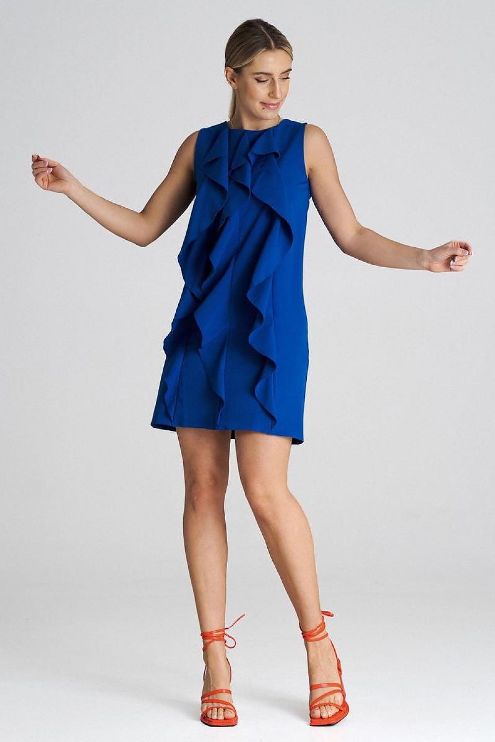 Elegant sleeveless trapeze cocktail dress by Figl featuring decorative ruffles, ideal for special occasions.