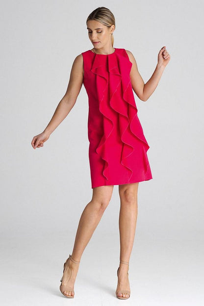 Detailed fabric texture of the Figl trapeze dress, made from premium polyester and viscose blend, perfect for elegant occasions.