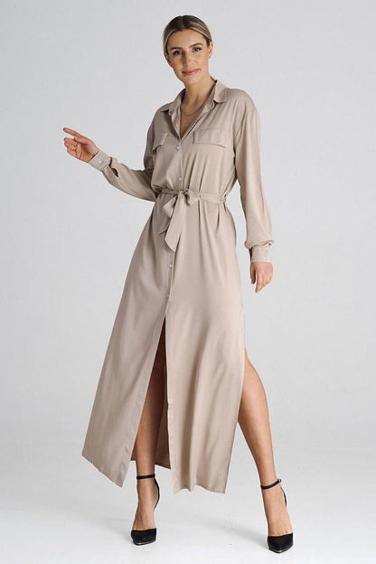 Chic Figl Maxi shirt dress without pockets, highlighting side slits for a graceful silhouette, perfect for upscale occasions.