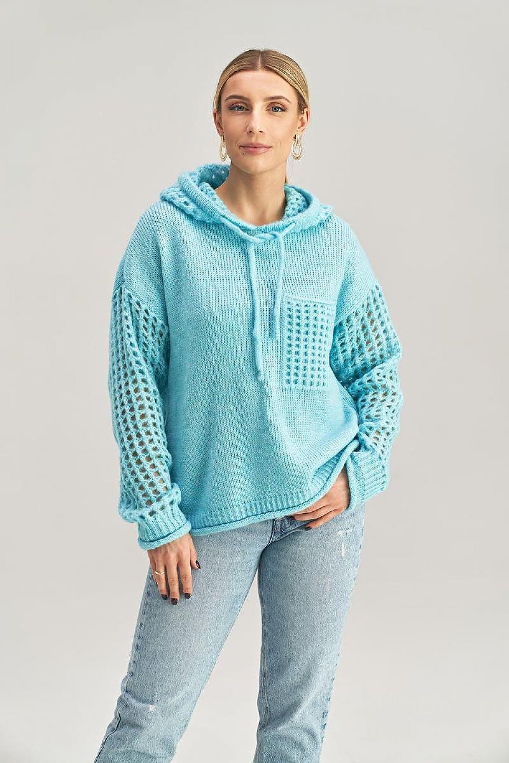 Chic Figl hooded jumper showcasing unique sleeve design and a decorative front pocket for a fashionable statement.
