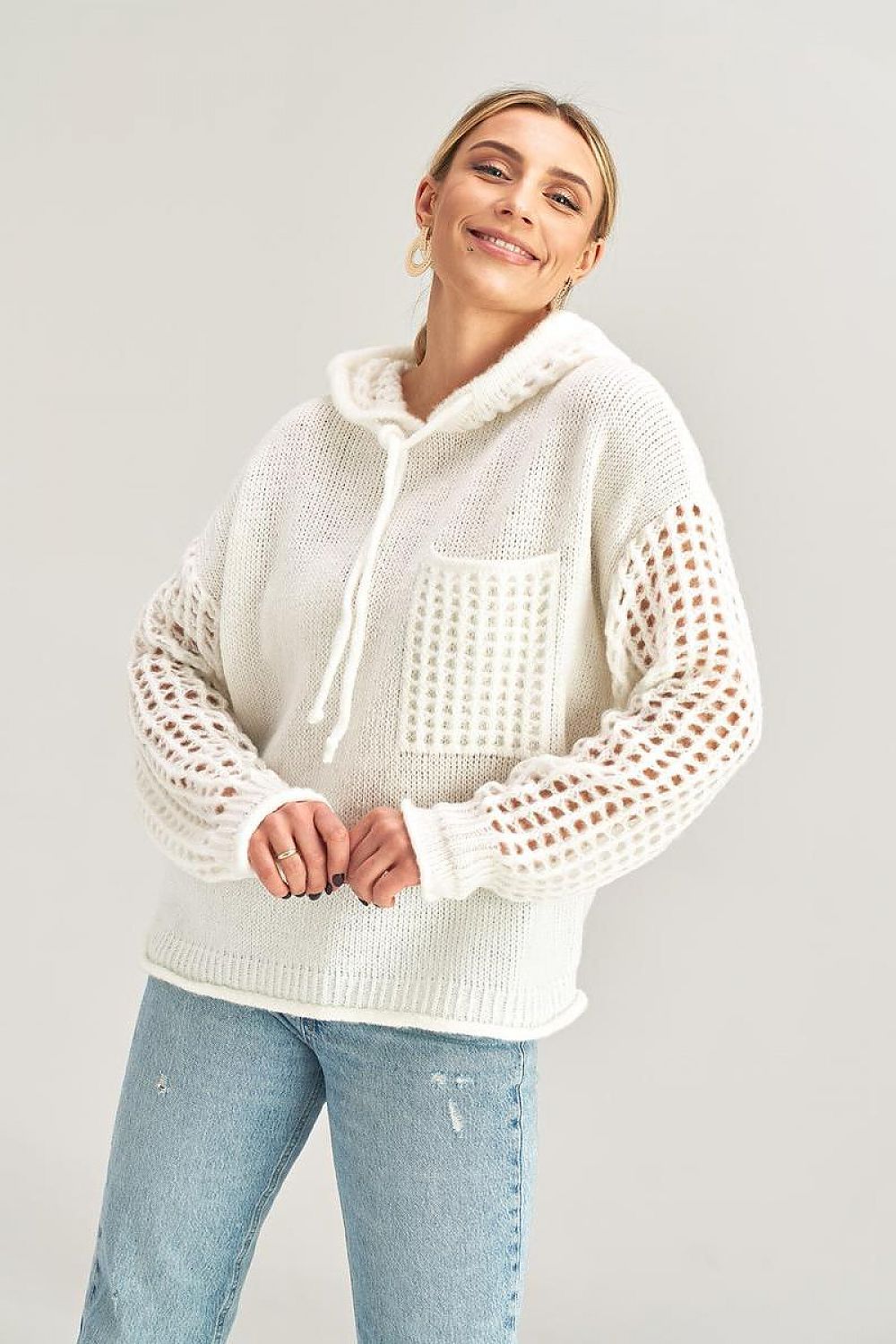 Elegant long-sleeved hooded jumper with a decorative pocket by Figl, showcasing an exquisite blend of acrylic, nylon, polyester, and wool.