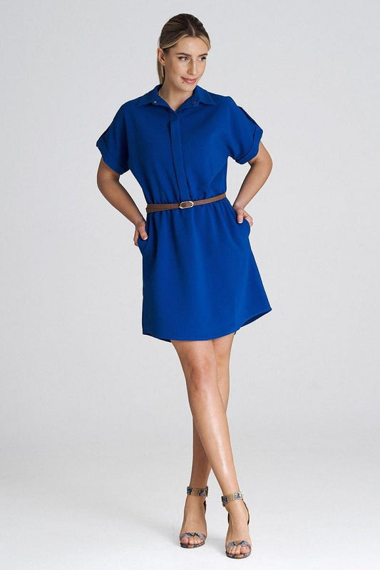 Elegant Figl daydress with collar and cuffed sleeves, showcasing luxurious fabric and refined design.