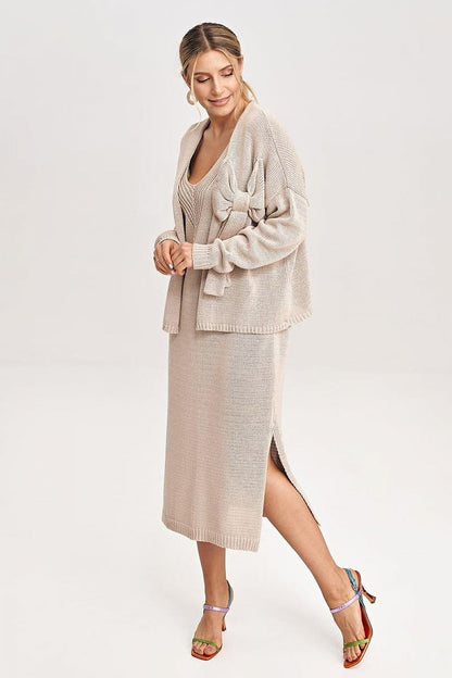 Elegant Figl two-piece midi dress set featuring a stylish bolero with bow detail and deep neckline, perfect for a luxurious evening out.