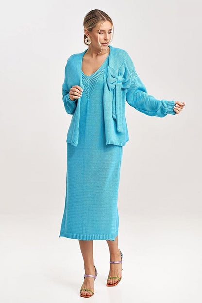 Sophisticated Figl bolero jacket decorated with a bow, perfect for layering over the midi dress.