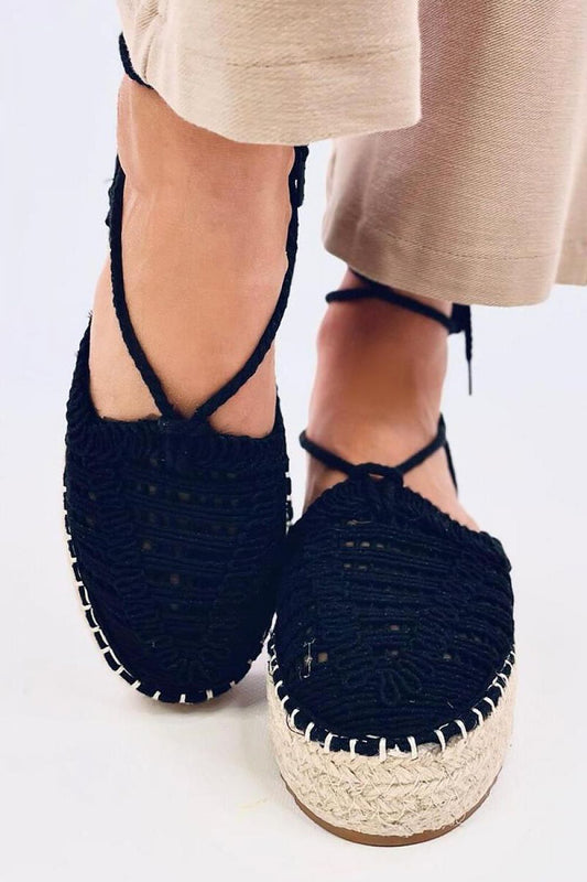Close-up of Inello's Women's espadrilles showcasing the intricately woven rope design and stylish ankle ties, ideal for adding elegance to any summer look.