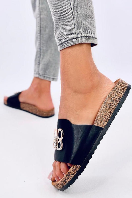 Close-up of Inello Luxury Patent Slides for women, showcasing the rhinestone detailing and eco-leather finish for a chic summer look.