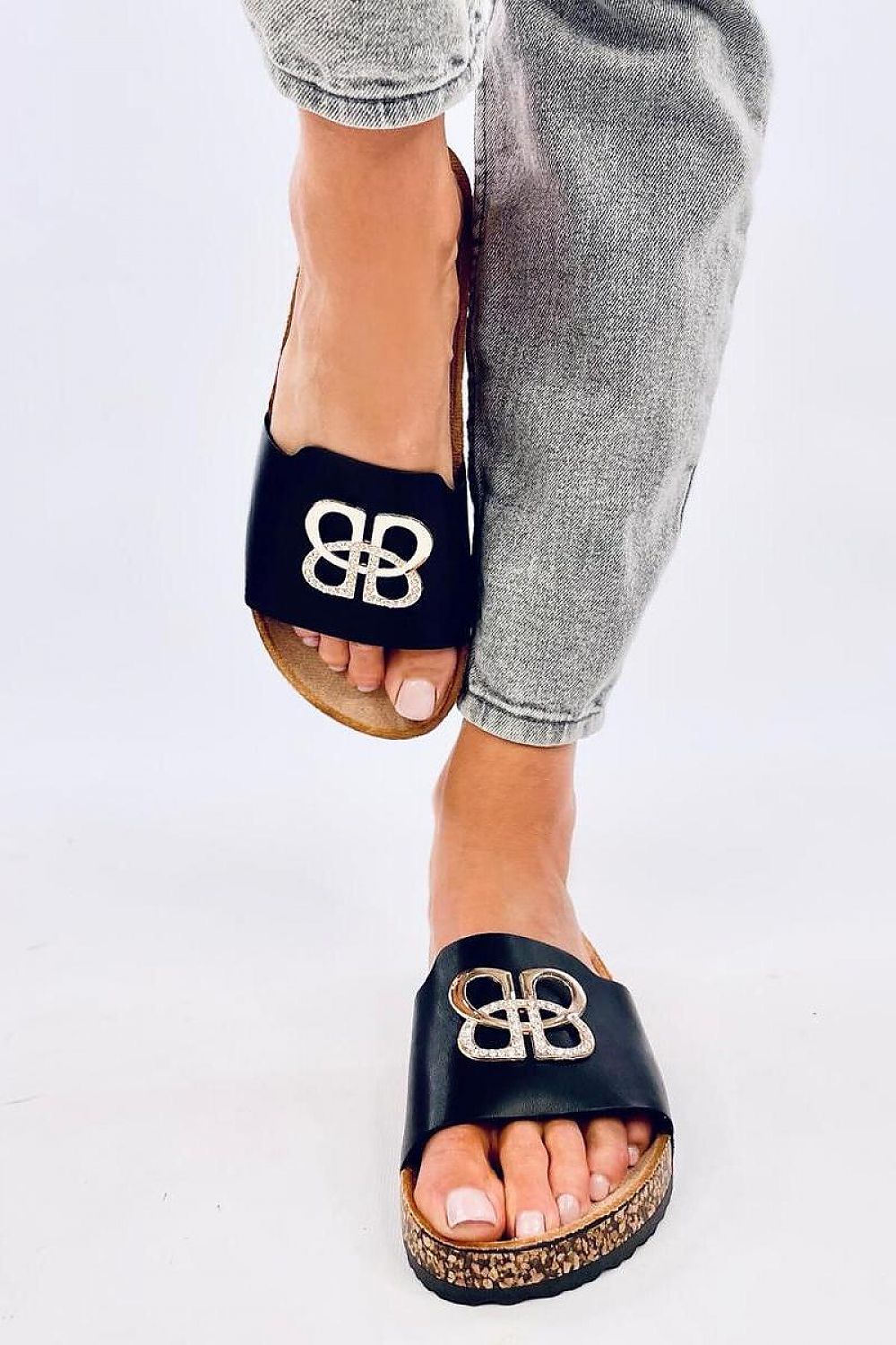 Inello Women's Luxury Patent Slides featuring glamorous rhinestones on a stylish cork sole, perfect for summer elegance and comfortable wear.