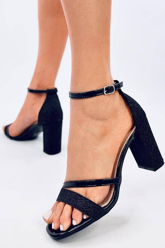 Elegant Women's Glitter Block Heel Sandals by Inello featuring 8.5cm patent straps, perfect for adding style and sophistication to special occasions.