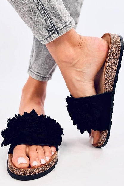 Inello luxury women's suede mules with cork sole, highlighted by beautiful floral details and designed for ultimate comfort in summer.