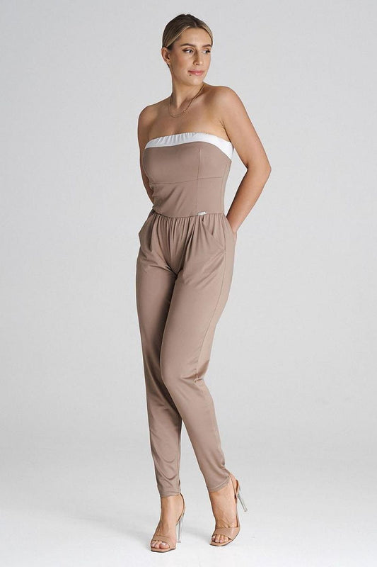 Elegant strapless loose jumpsuit by Figl featuring a sophisticated contrasting insert in classic luxury style.