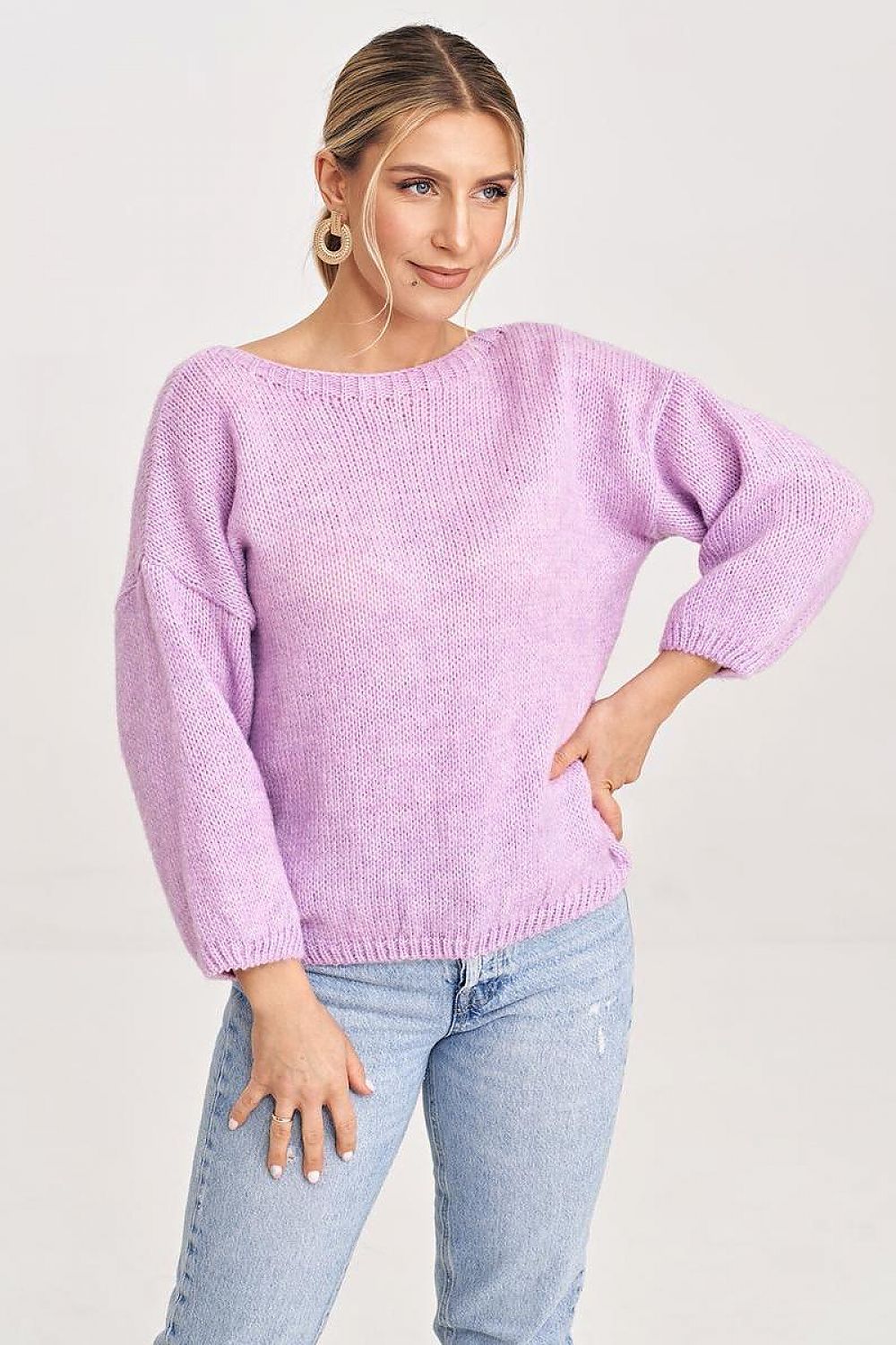 Figl Elegant V-Cut Back Jumper featuring a decorative bow and 3/4 length sleeves, made from a luxurious blend of acrylic, wool, and nylon.