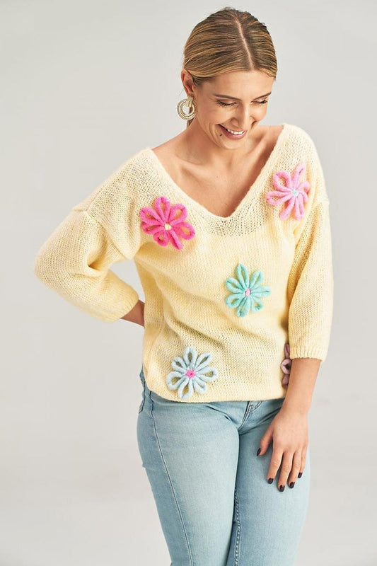 Close-up view of the Luxury Figl Floral Detail V-Neck Sweater, featuring intricate flower decorations and luxurious fabric blend, perfect for sophisticated fashion.