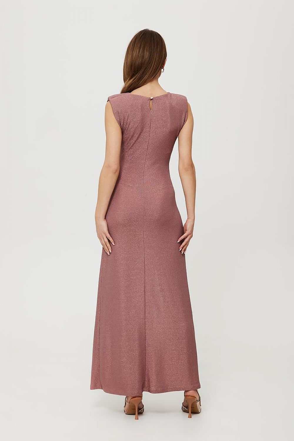 Elegant sleeveless tube dress by Makover featuring metallic thread, high slit, and shoulder pads, perfect for luxurious evening outings.