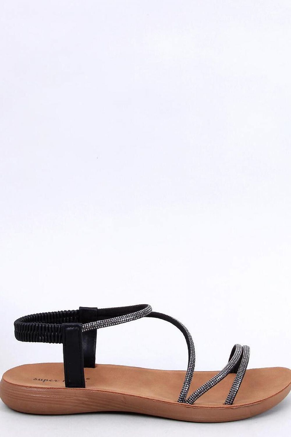 Elegant women's flat sandals crafted by Inello, featuring luxurious synthetic leather with dazzling cubic zirconia straps for a stylish and comfortable summer look.