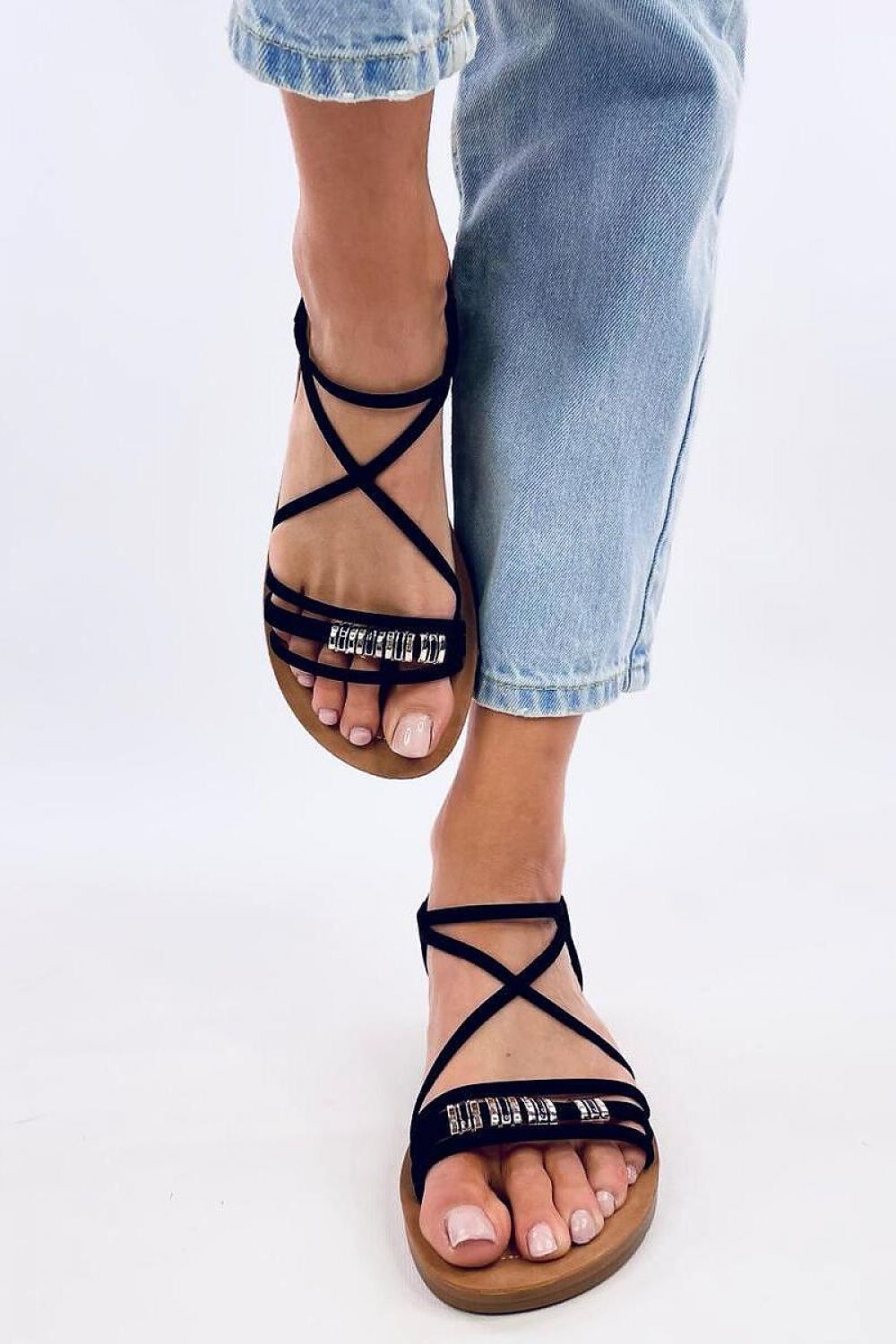 Stylish Inello women's sandals with artificial leather material, showcasing refined crisscross design and chic gold accents, perfect for summer elegance.