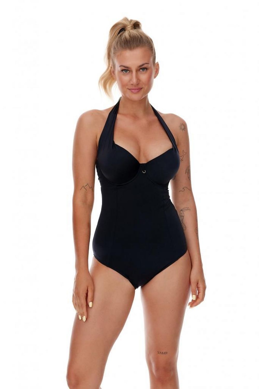 Elegant black one-piece swimsuit with open back and push-up cups by Lupo Line, designed for luxurious swimwear fashion.
