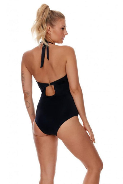 Lupo Line's sophisticated black swimsuit featuring decorative ruching and a flattering cut, perfect for poolside elegance.
