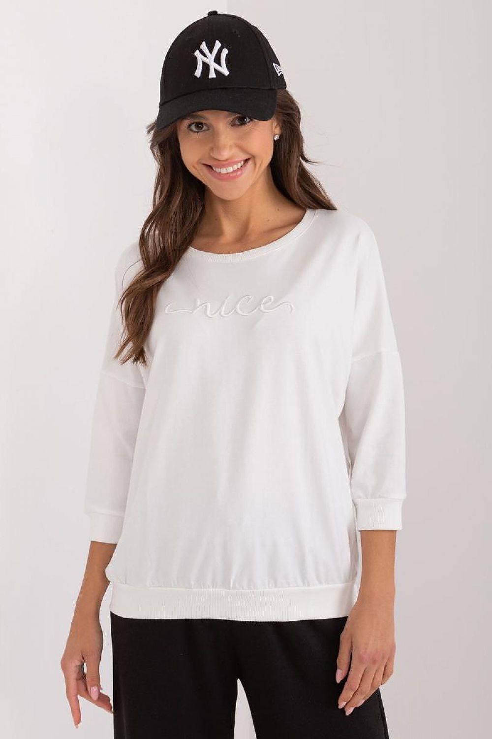 Luxury women's daily sweatshirt by Relevance featuring a relaxed fit and 3/4 sleeves, made from a premium cotton spandex blend for ultimate comfort.