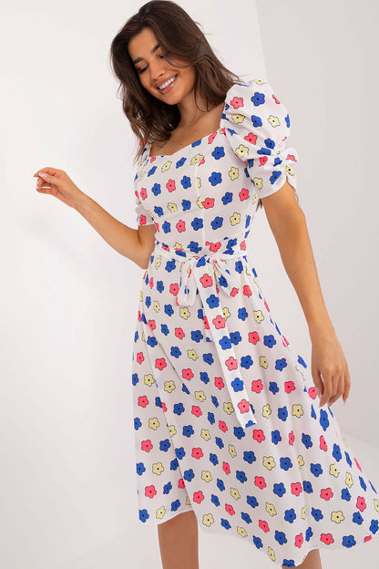 Elegant floral fit-and-flare summer dress with puff sleeves and sweetheart neckline by Lakerta, perfect for stylish outings.