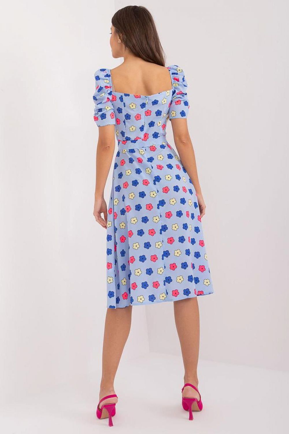 Gorgeous Floral Fit-and-Flare Summer Dress by Lakerta featuring puff sleeves and a delicate sweetheart neckline, perfect for elegant summer outings.