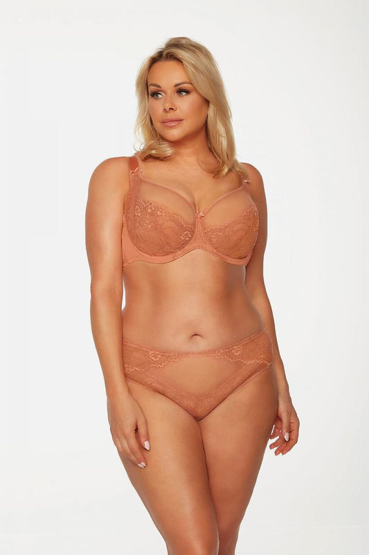Luxurious Bella Misteria Soft Bra designed for fuller shapes, featuring sensual apricot lace and optimal support.