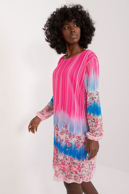 Luxurious pre-knee length dress by Italy Moda, featuring a classic round neckline and vibrant print for versatile styling.