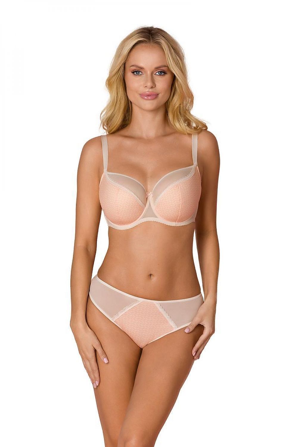 Luxury Vena elegant semi-padded bra in peach with breathable mesh detailing and exquisite patterned knit, featuring adjustable straps for a perfect fit.