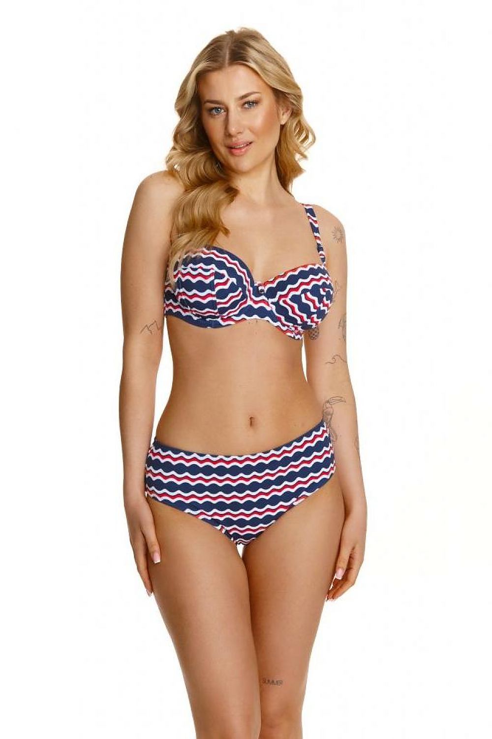 Elegant Lupo Line luxury swimming bra designed for large busts, featuring a sophisticated nautical lycra pattern in navy blue, white, and red, perfect for beach and poolside wear.