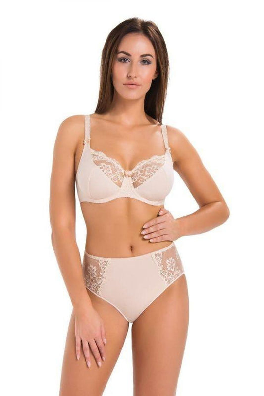 Luxury beige cotton bra by Teyli featuring underwire for support and intricate floral lace detailing, designed for a perfect fit and all-day comfort.