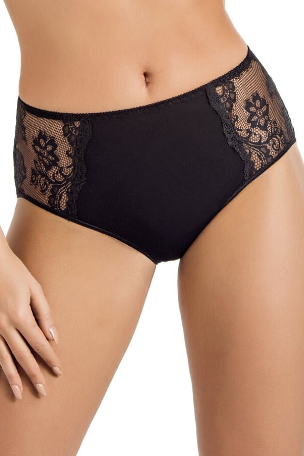 Elegant Anastasia high-waisted black cotton panties with delicate floral lace design by Teyli, showcasing luxurious comfort and style.