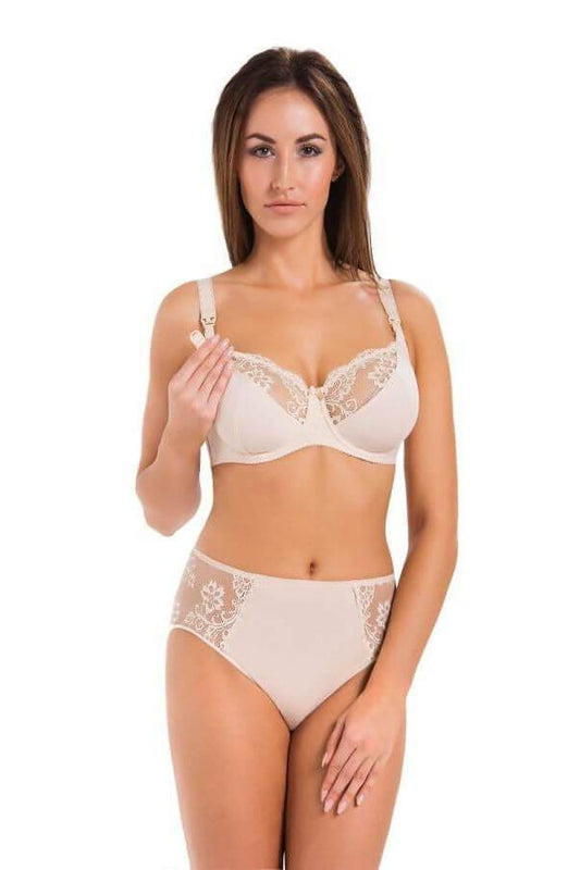 Luxury beige Teyli cotton nursing bra featuring floral lace detailing, adjustable straps, designed for comfort and nursing convenience.