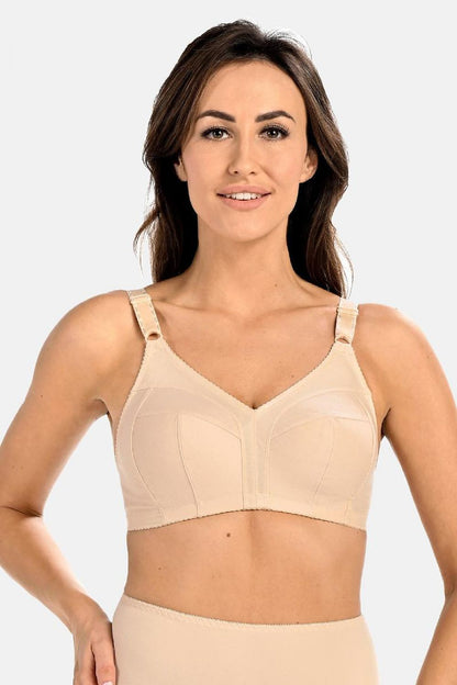 Luxurious underwire-free beige bra by Teyli, featuring soft cotton lining and adjustable front straps for ultimate comfort and support.