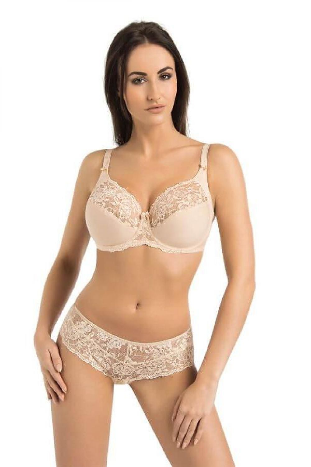 Victoria High-Waisted Bra with Underwire by Teyli in elegant beige lace, designed for small to medium necklines, showcasing intricate floral motifs and superior fit.