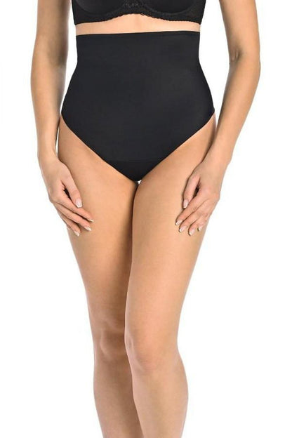 Elegant black seamless high-waisted shaping thong by Teyli, designed for perfect comfort and figure-enhancing support, ideal for a flawless silhouette under fitted attire.