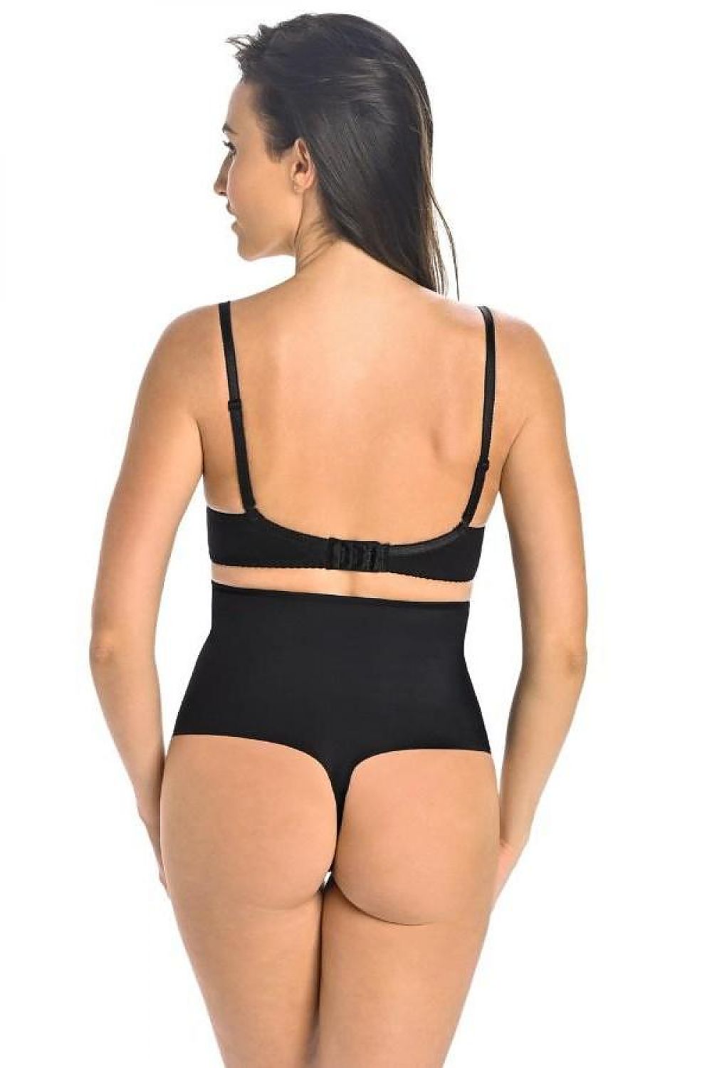 Seamless high-waisted shaping thong by Teyli in elegant black design, showcasing figure-enhancing properties and comfort.
