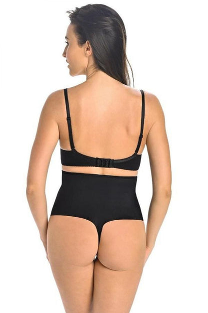 Seamless high-waisted shaping thong by Teyli in elegant black design, showcasing figure-enhancing properties and comfort.