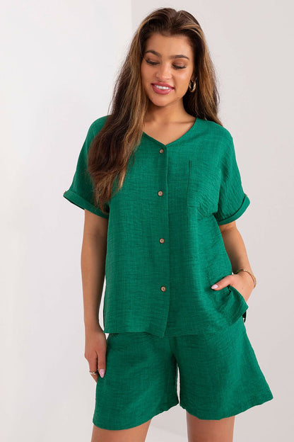Elegant women's cotton-polyester casual set by Lakerta featuring a stylish v-neck shirt and high-waisted shorts, ideal for sophisticated summer outings.