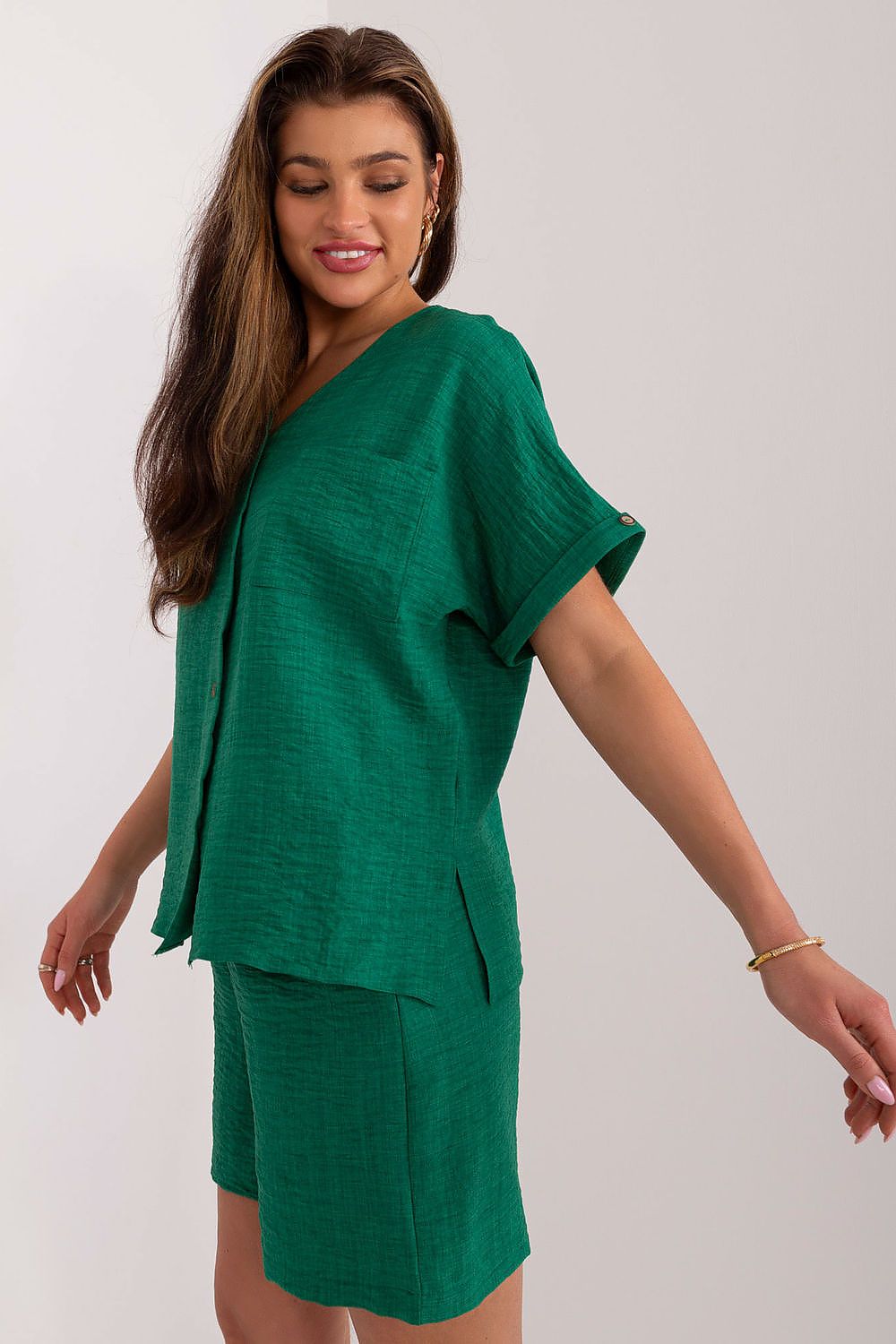 Elegant Women's Cotton-Polyester Casual Set by Lakerta featuring V-Neck Shirt and High-Waisted Shorts, perfect for summer outings.