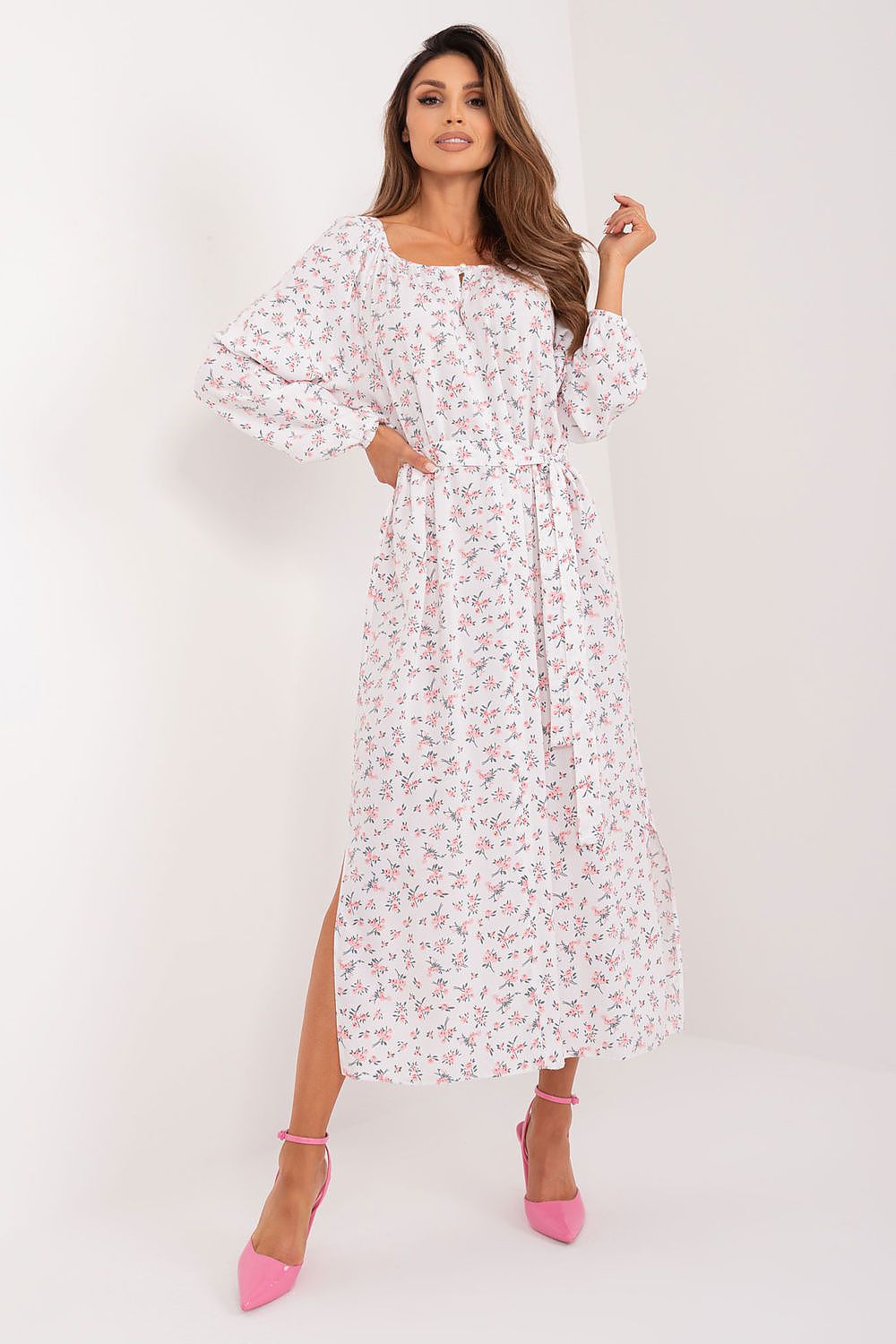 Elegantly draped vintage-style maxi dress by Lakerta, featuring a stunning floral print, long billowing sleeves, and a flattering tie belt, perfect for summer occasions.