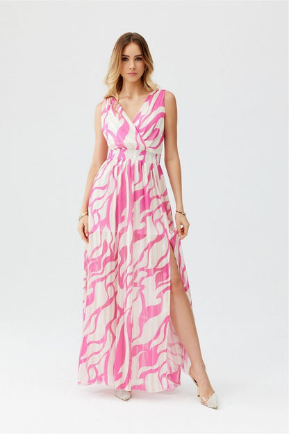 Stylish display of a Roco Fashion chiffon maxi dress, emphasising the elegant overlapping neckline and exquisite stitching details.