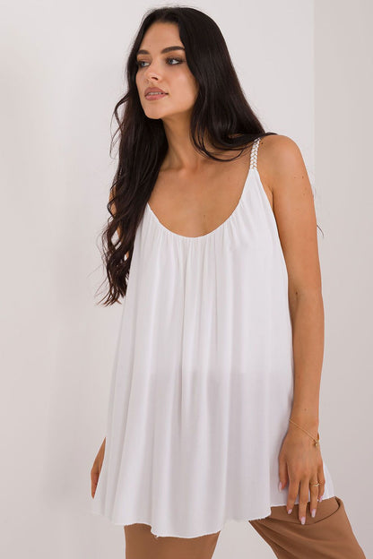 Model wearing Och Bella's elegant strapless viscose blouse, styled for summer casual wear, showcasing its lightweight breathability and sophisticated look.