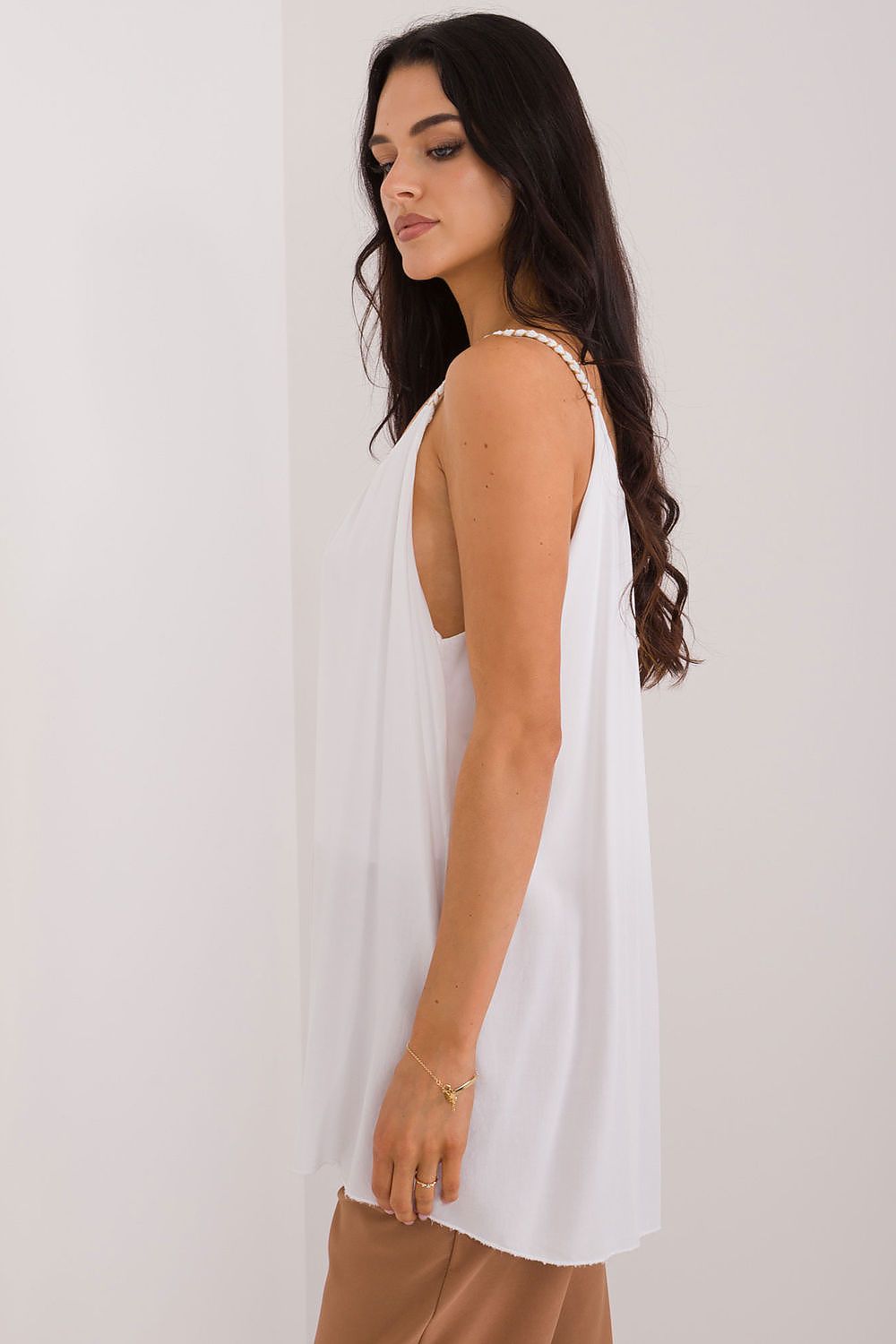 Flat lay of Och Bella's strapless viscose blouse with round neckline, exuding luxury and comfort, perfect for creating effortless summer ensembles.