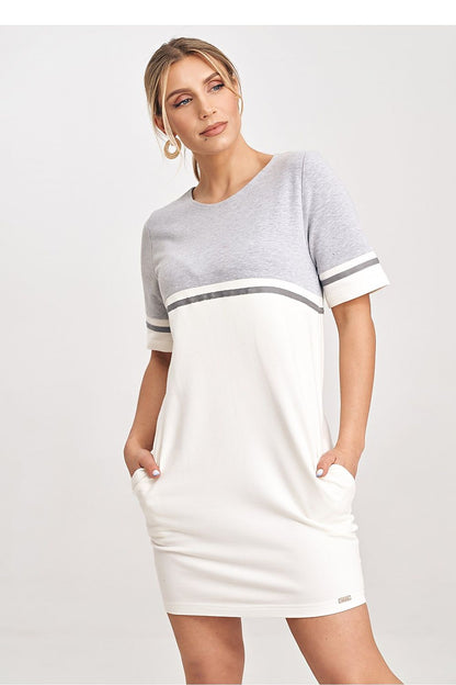 Figl's comfortable mini dress crafted from high-quality cotton and spandex, showcasing a sophisticated two-tone design and flattering belted waist.
